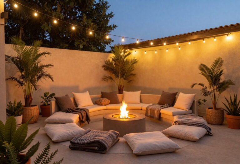 Cozy patio at dusk with string lights, fire pit, and comfortable seating