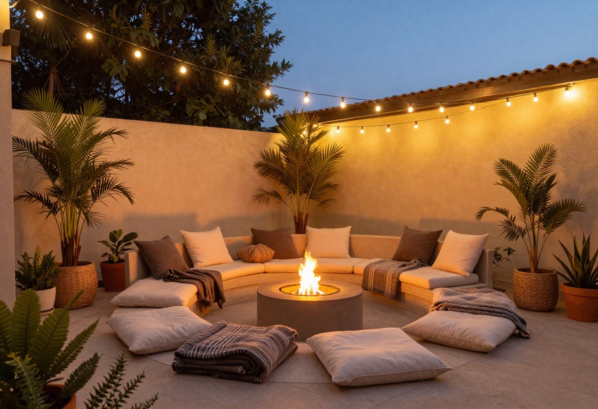 Cozy patio at dusk with string lights, fire pit, and comfortable seating