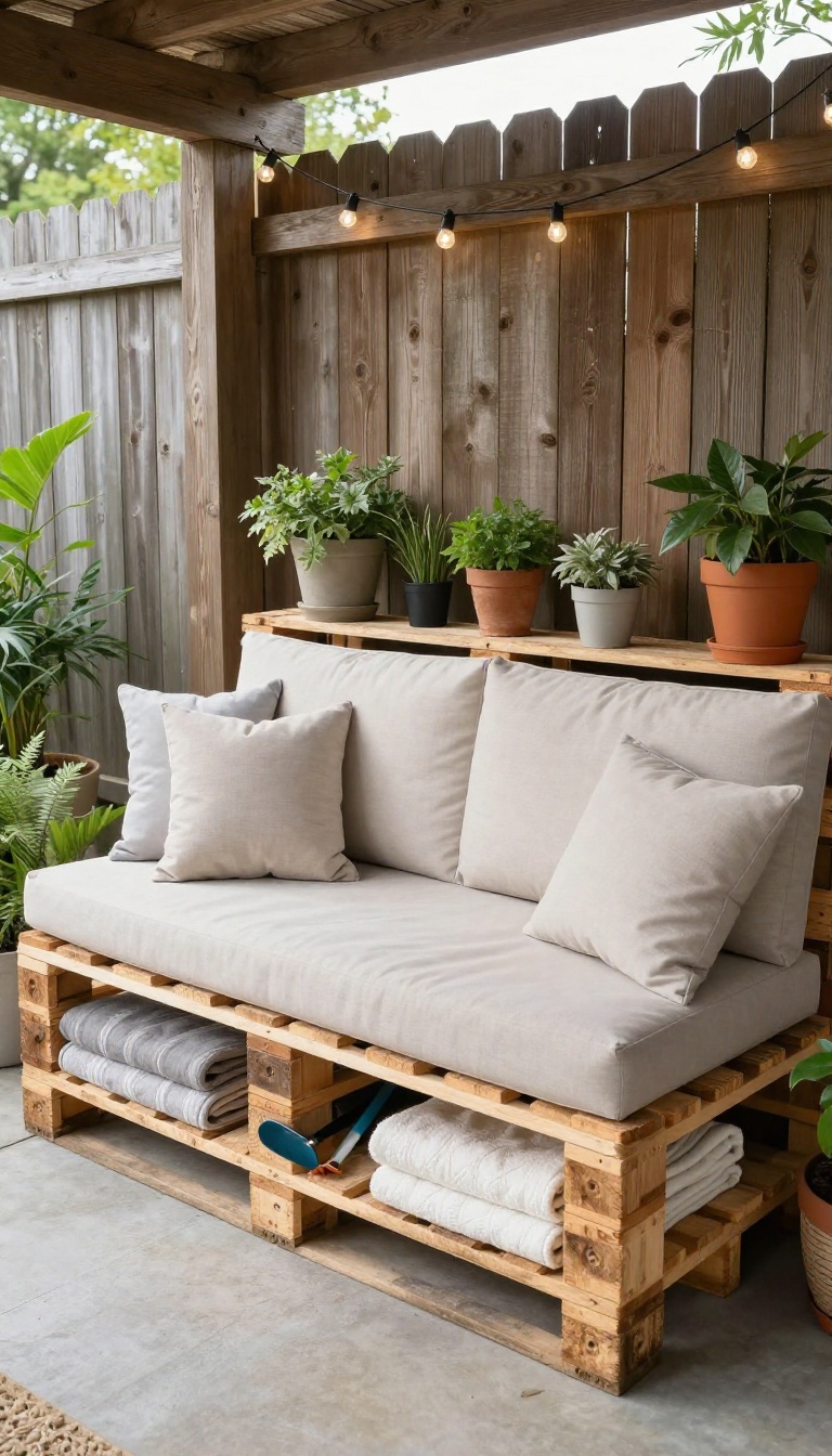 DIY pallet sofa with cushions and storage on a cozy small patio