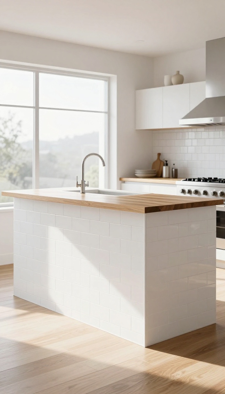 Kitchen island with white tile paneling on the base, bright natural light, modern decor