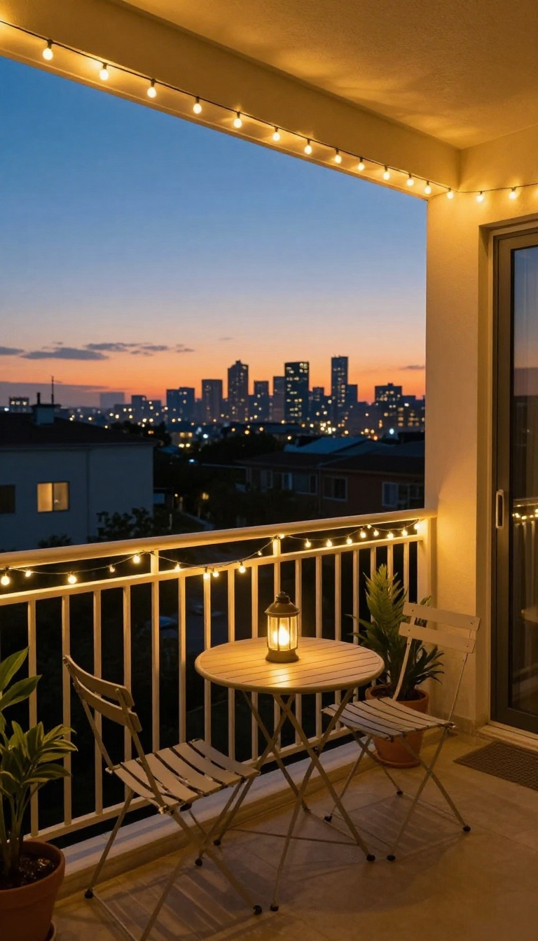 Apartment patio with string lights at dusk, creating a magical ambiance