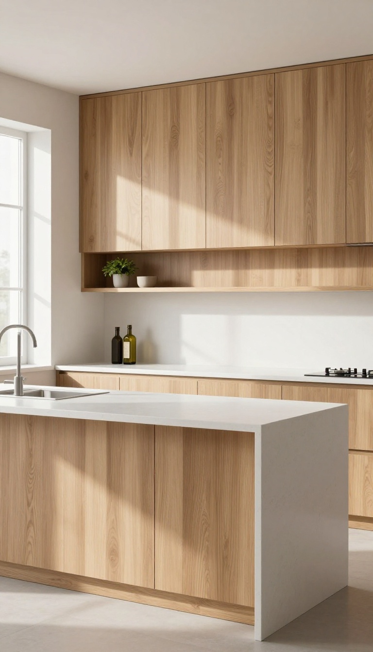 Modern kitchen island with horizontal wood slat paneling and a floating shelf, in a bright minimalist kitchen.
