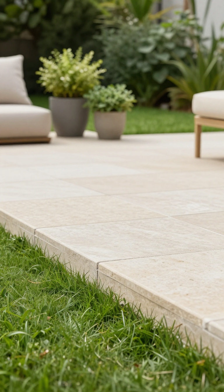 A stone patio with a low natural stone border separating it from the lawn, creating a clean edge in a sunny garden.