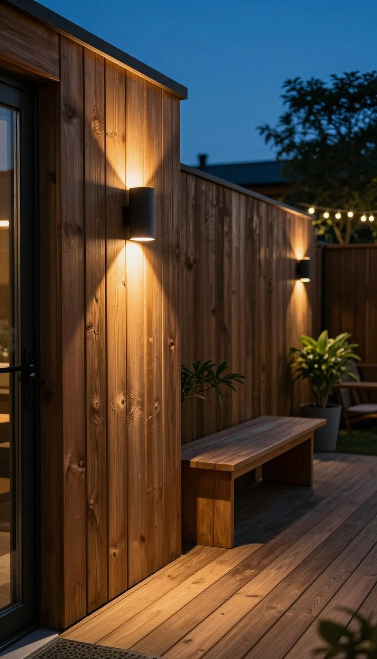 Wall sconces on a patio fence illuminating a dark corner with a cozy seating nook