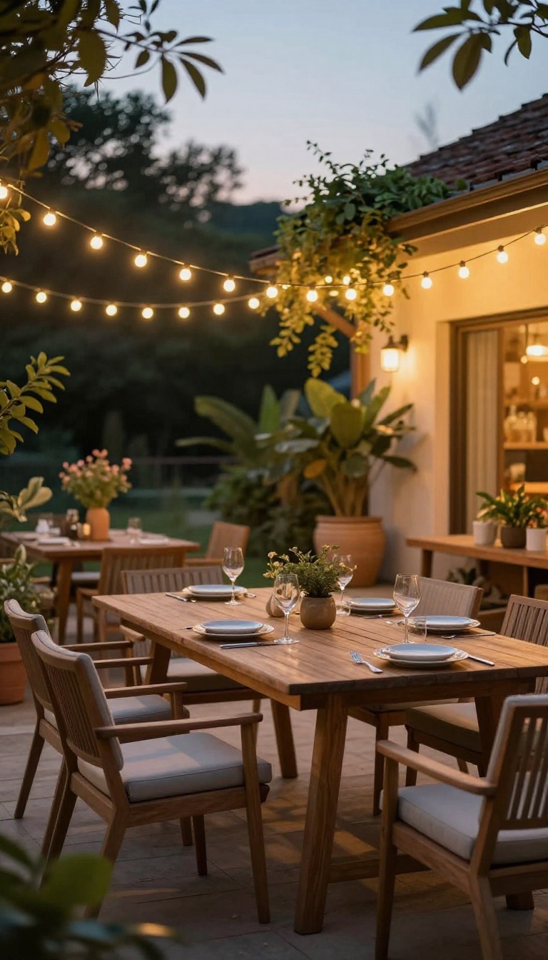 Patio with string lights overhead creating a warm evening glow