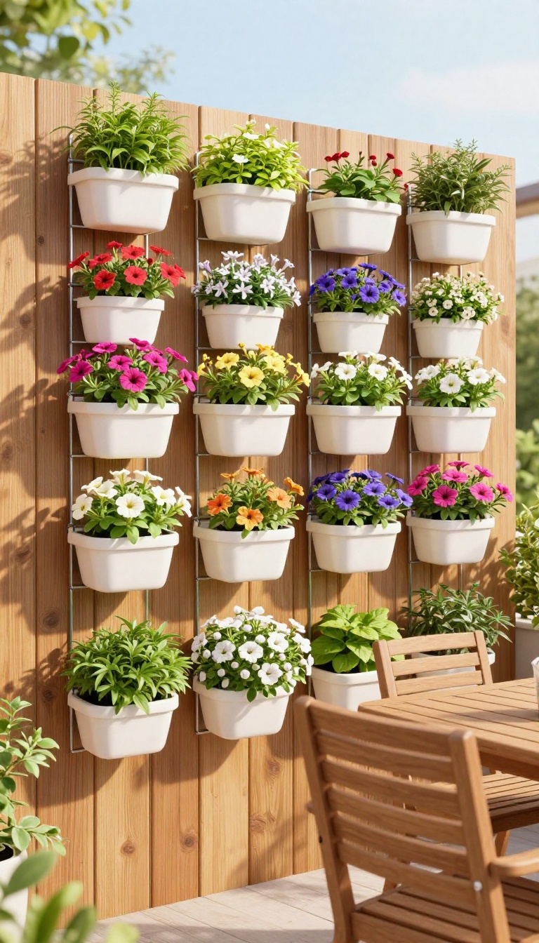 Vertical wall planter with colorful flowers on a wooden fence on a sunny patio