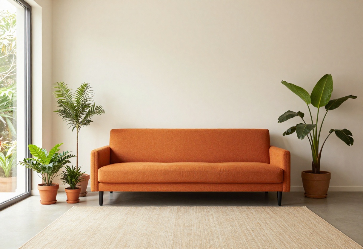 Living room with an orange couch, neutral decor, and plants