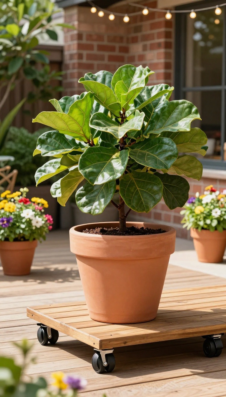 Rolling planter on casters with a large green plant on a wooden deck, surrounded by other potted plants in a bright patio setting.