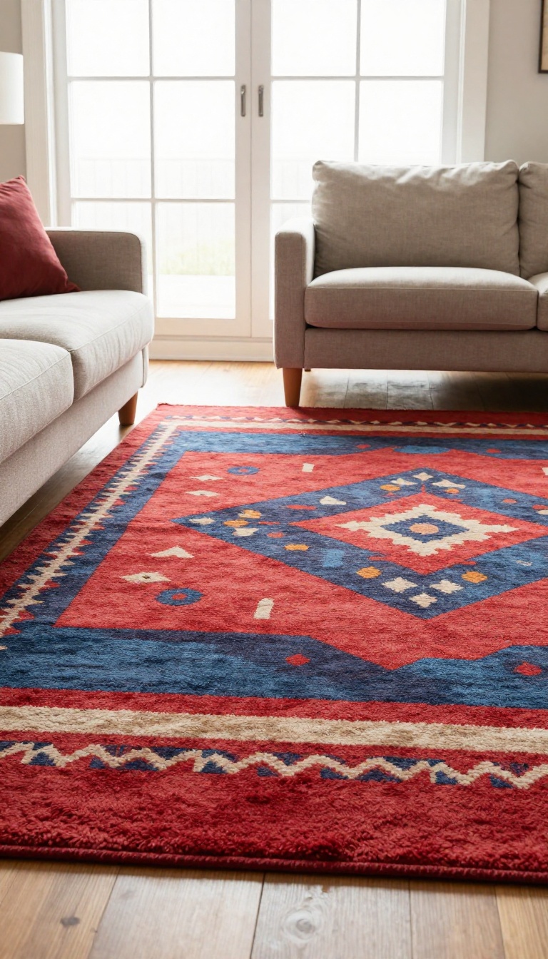 Small living room with a large patterned rug as the focal point, anchoring the seating area