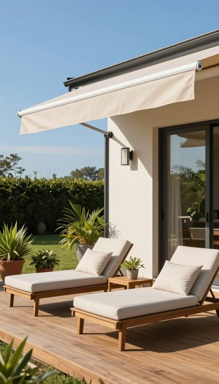 Modern patio with a partially extended retractable awning providing shade over outdoor furniture.