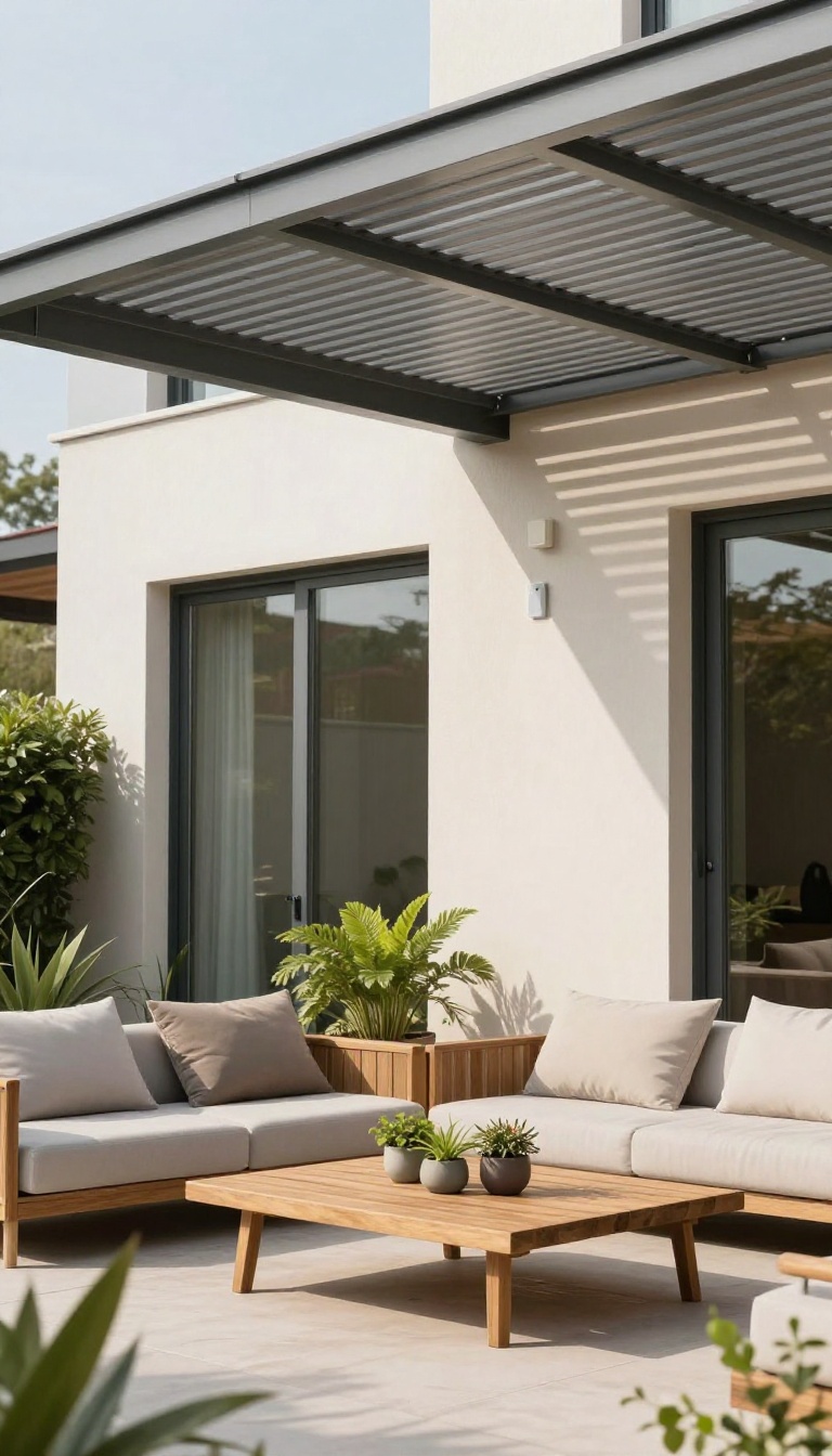 Modern patio with aluminum louvered roof attached to house, partially open slats, bright daylight, stylish outdoor furniture.
