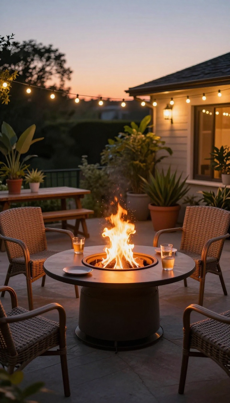 Small patio with a propane fire pit table, two wicker chairs, and a bench, surrounded by plants and string lights at dusk.