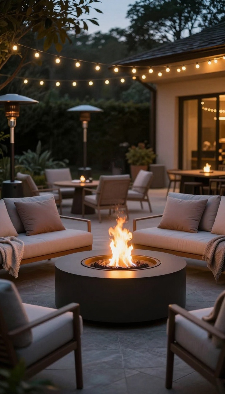 Cozy patio with fire pit and portable heater for cooler evenings
