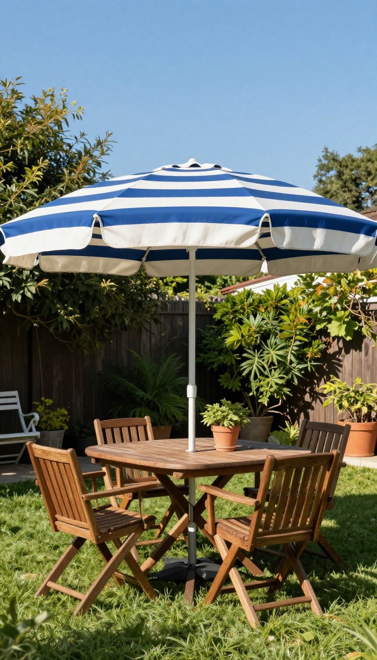 A classic market umbrella with blue and white stripes shading a patio table and chairs in a sunny backyard.
