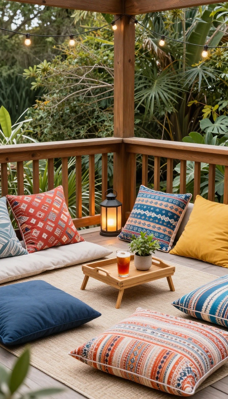 Cozy patio corner with colorful floor cushions, a low tray, and string lights on a small townhouse patio.