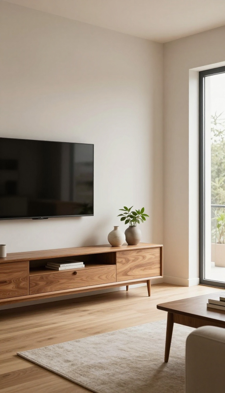 Mid-century modern credenza with hairpin legs and wall-mounted TV in a bright living room