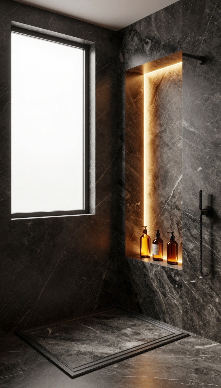 Walk-in shower with backlit onyx-lined recessed niche