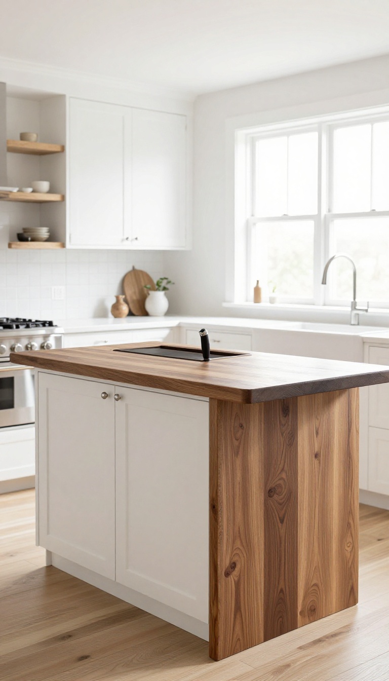 Modern farmhouse kitchen island with butcher block countertop and built-in knife slot