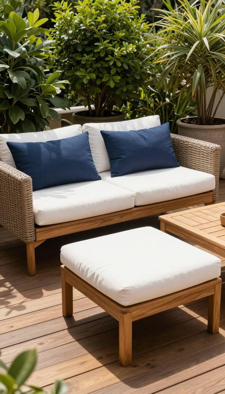 Comfortable outdoor patio seating with teak loveseat, wicker armchairs, and a bench, surrounded by plants in natural light