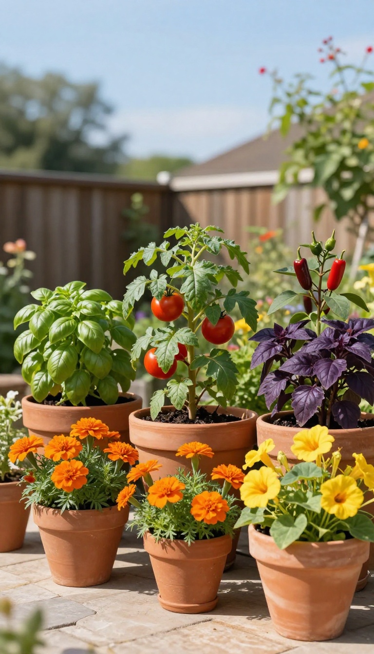 Compact container garden with tomatoes, peppers, basil, and marigolds on a sunny patio