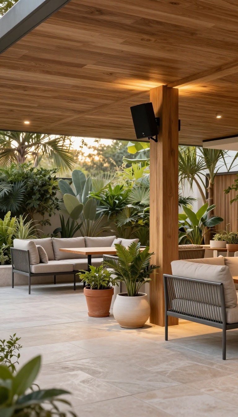 Covered patio with weatherproof outdoor speakers mounted on a wooden post, surrounded by comfortable seating and plants.