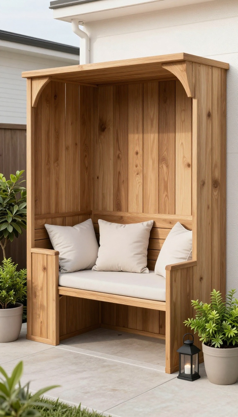Built-in bench with storage on a small townhouse patio