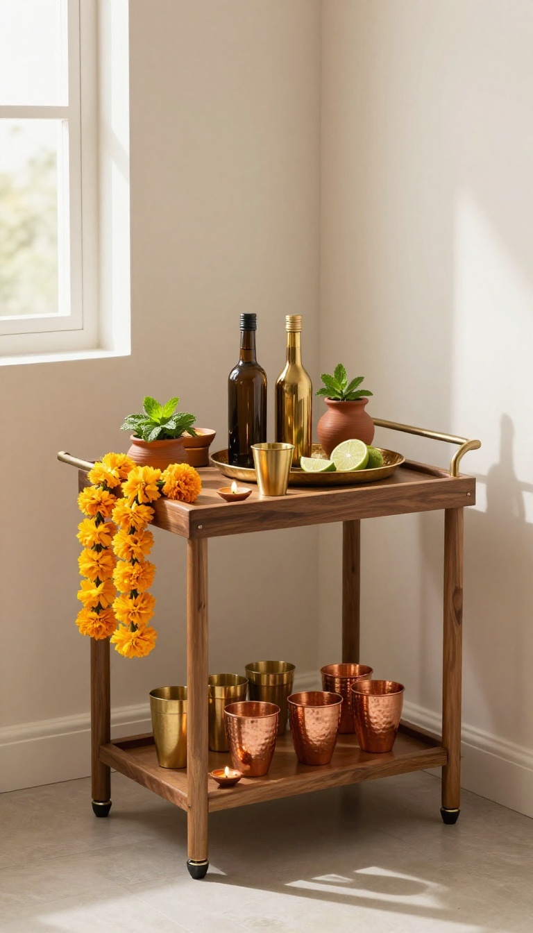 Bar cart with brass tumblers, puja thali tray, and marigolds in an Indian living room