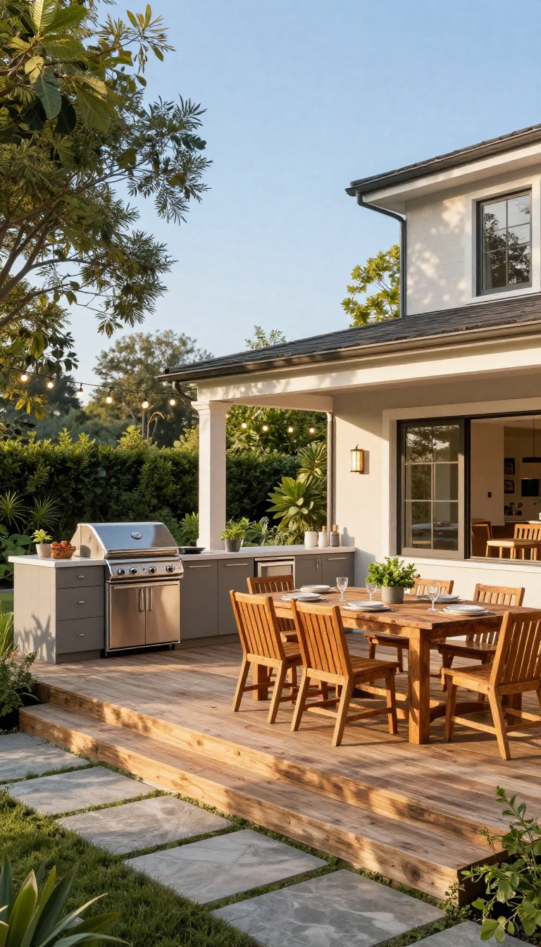 Elevated deck with outdoor kitchen and patio dining area below, connected by steps, in a lush backyard with string lights.