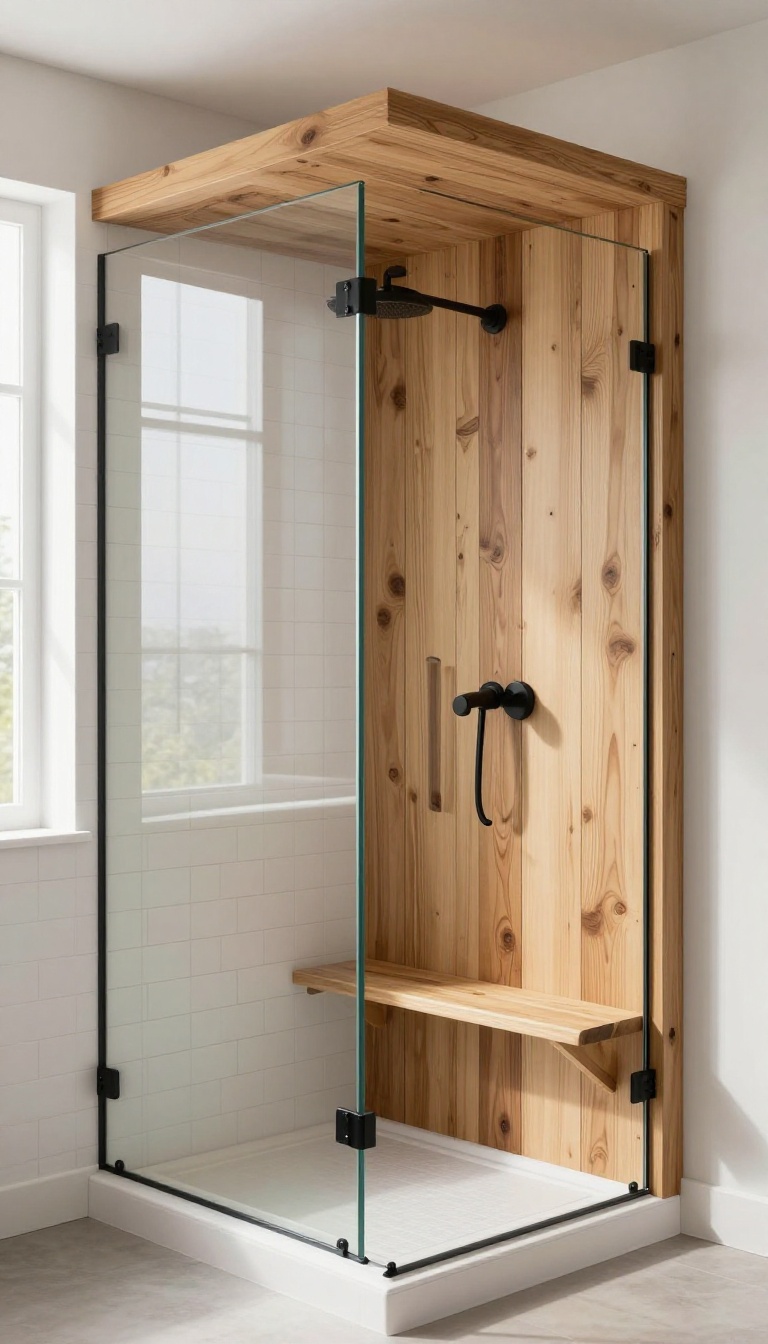 Modern farmhouse shower with a wood accent wall, glass enclosure, and black fixtures in natural light