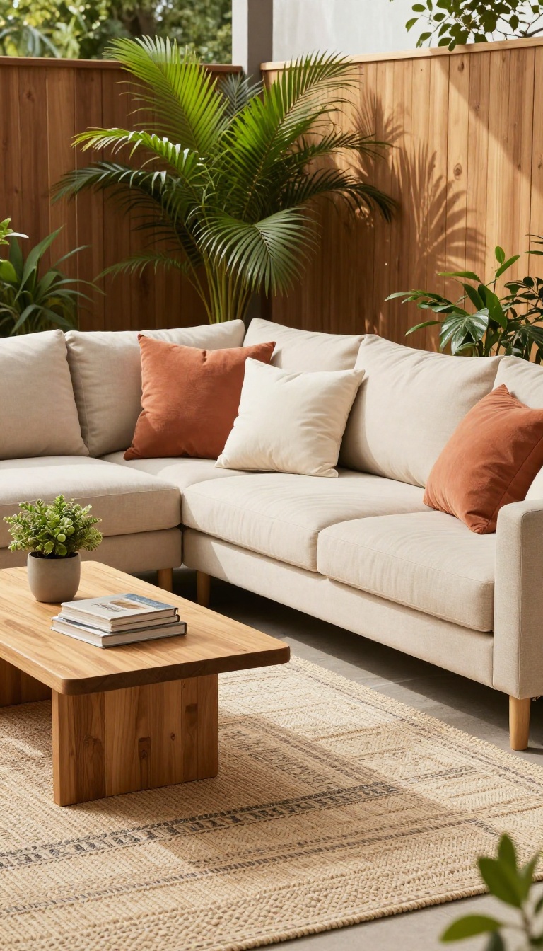 Cozy outdoor patio with a patterned rug, comfortable beige sectional sofa, wooden coffee table, and potted plants in natural light.