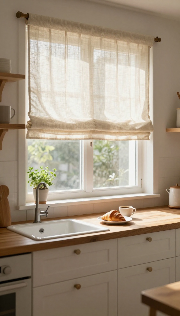 Cozy kitchen with cafe-style blinds on lower half of window, allowing natural light in, with a rustic modern aesthetic.