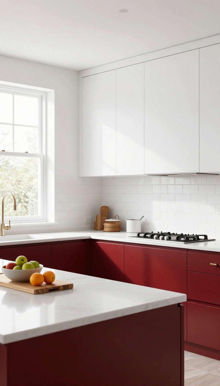 Cherry red lower cabinets paired with white uppers in a bright modern kitchen