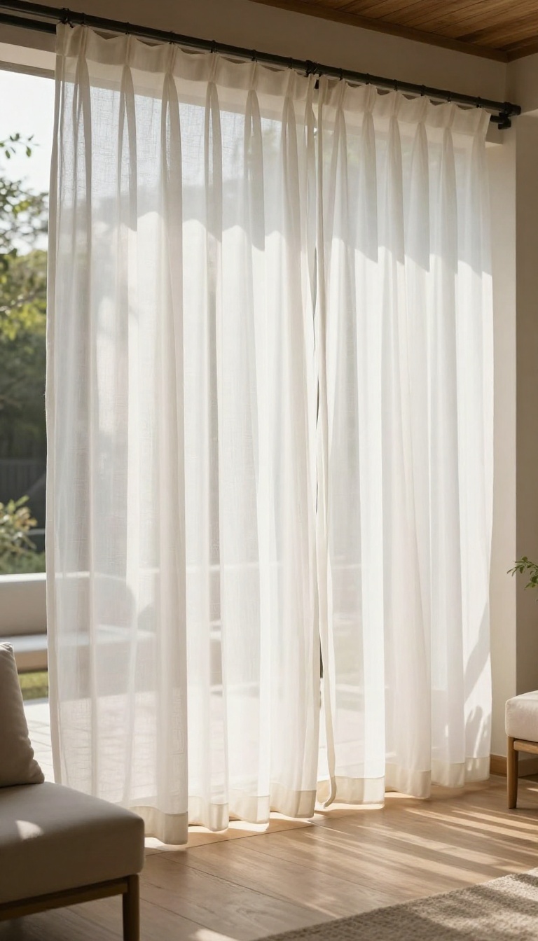 Outdoor patio curtains with weighted bottoms hanging straight and still in a gentle breeze