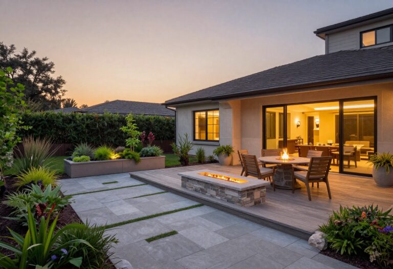 Multi-level deck and stone patio with fire pit seating area in a backyard