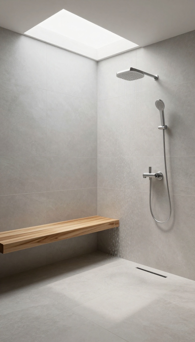 Minimalist wet room with open shower area, linear drain, and natural light