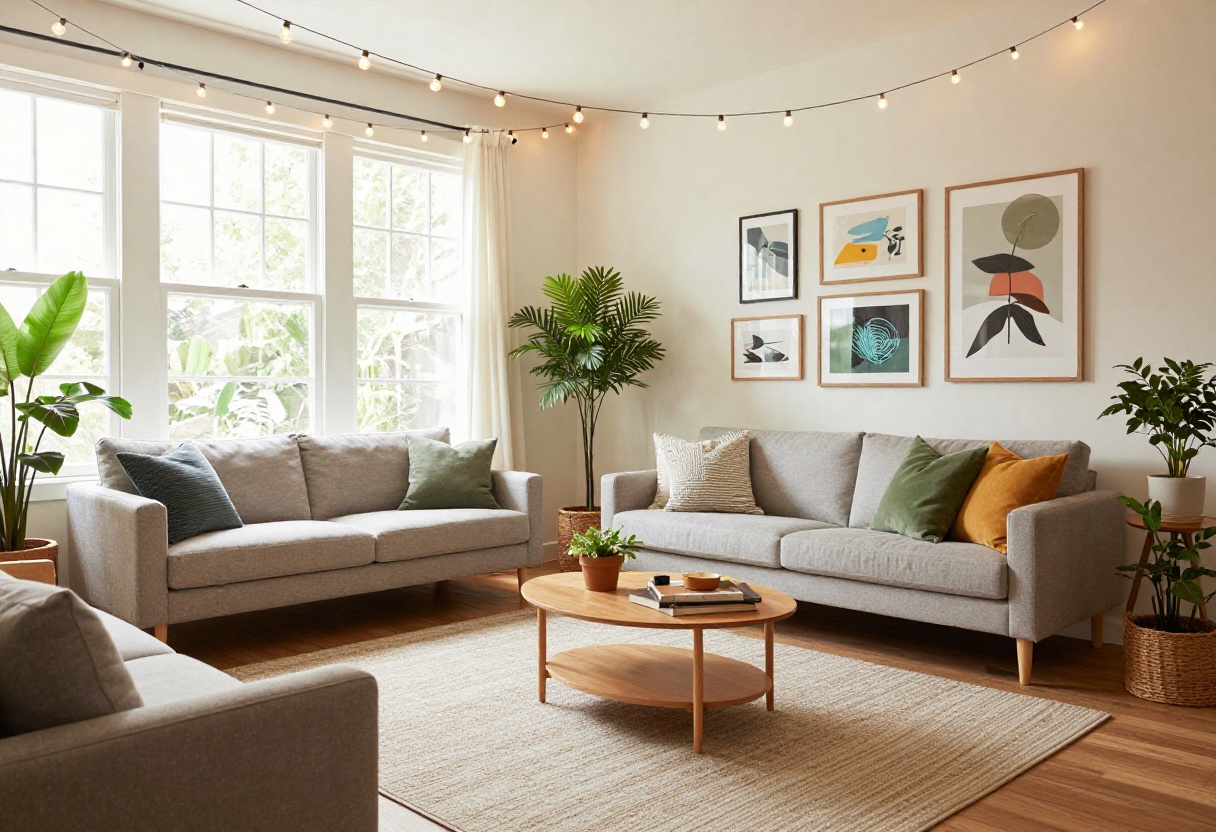 Cozy college living room with string lights, plants, and a gallery wall