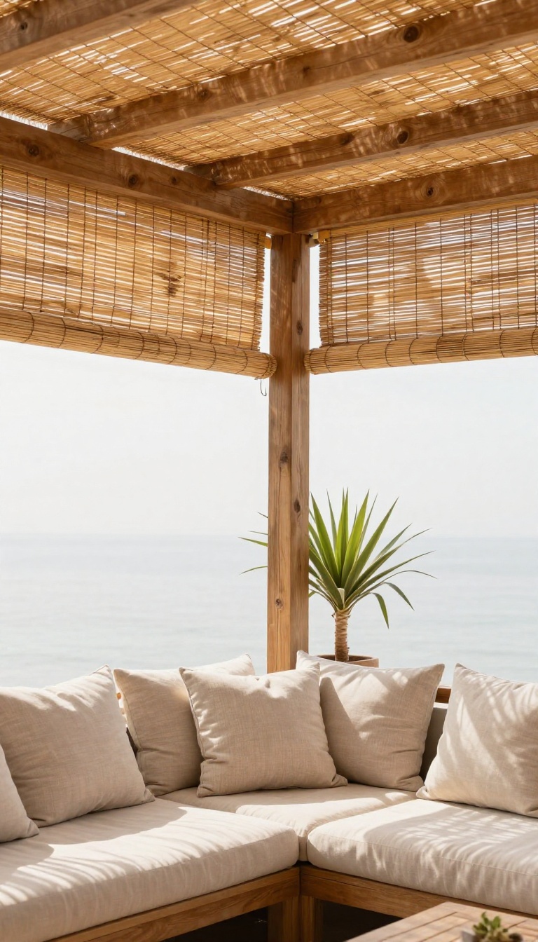 Bamboo roll-up shades on a patio pergola filtering sunlight