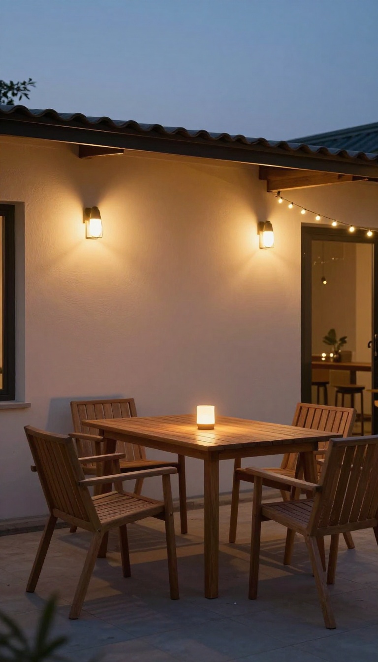 Patio at dusk with warm smart bulb lighting in wall sconces and string lights, creating a cozy ambiance