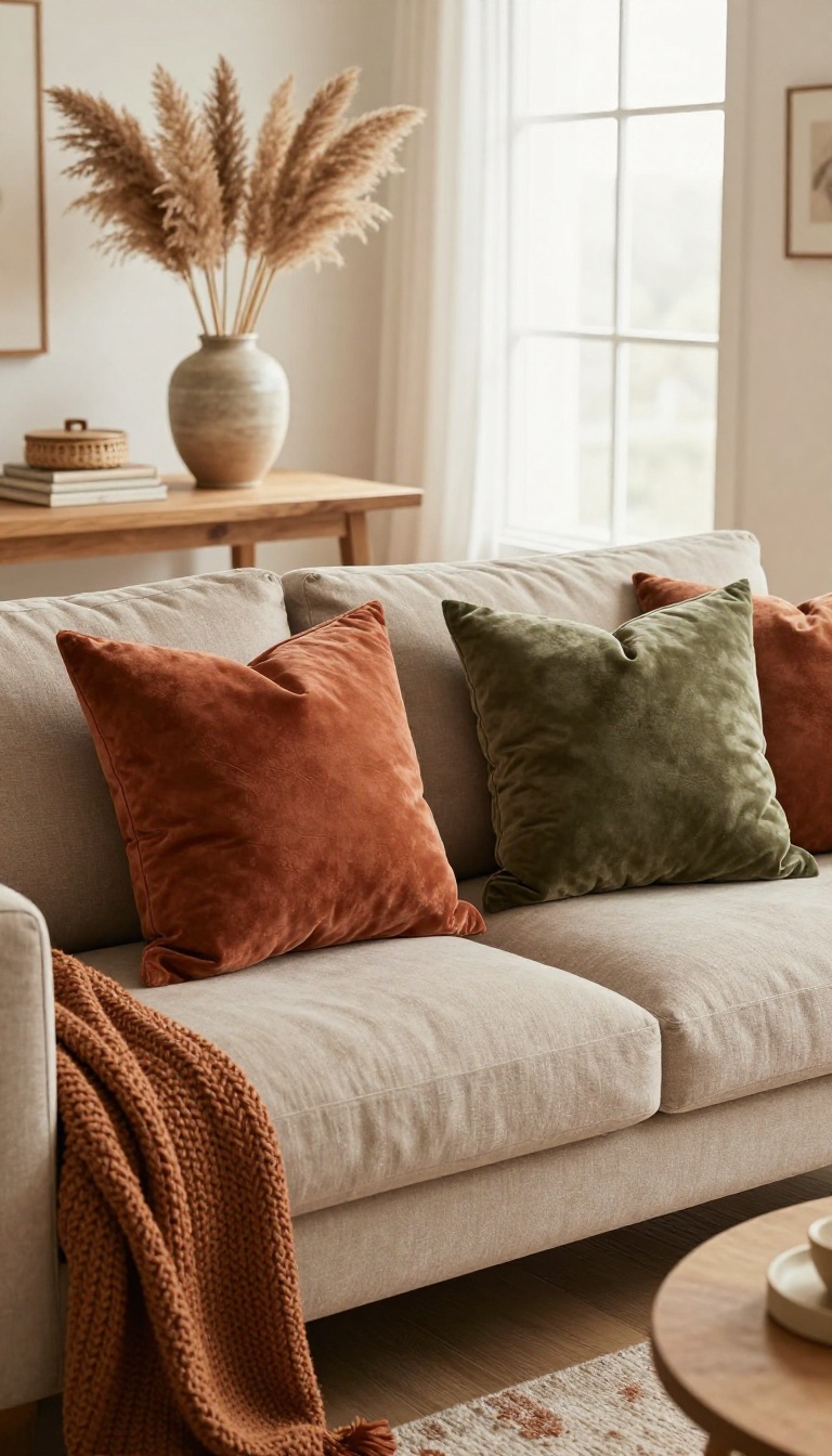 Taupe sofa styled with terracotta, olive, and rust throw pillows, a rust area rug, and warm wood accents in a bright, cozy living room.