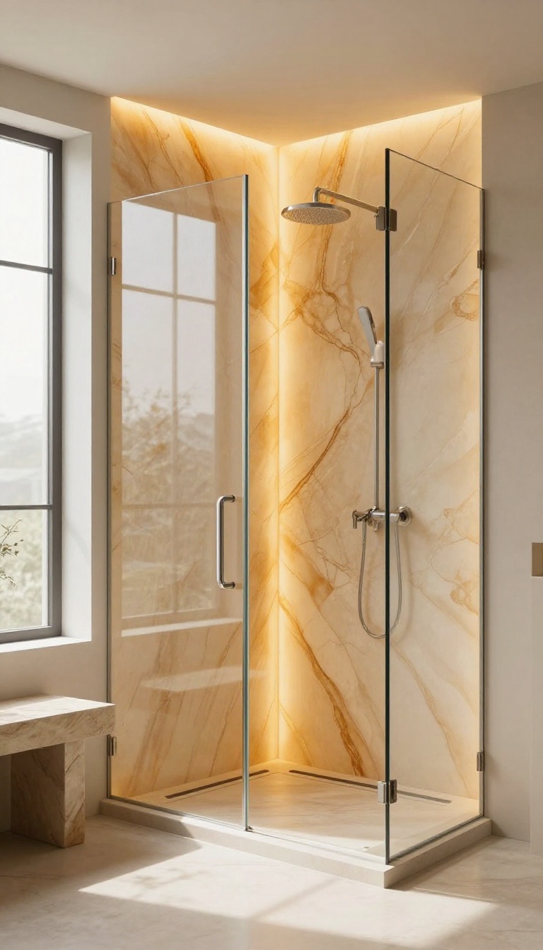 Backlit onyx panels in a walk-in shower emitting a warm, amber glow