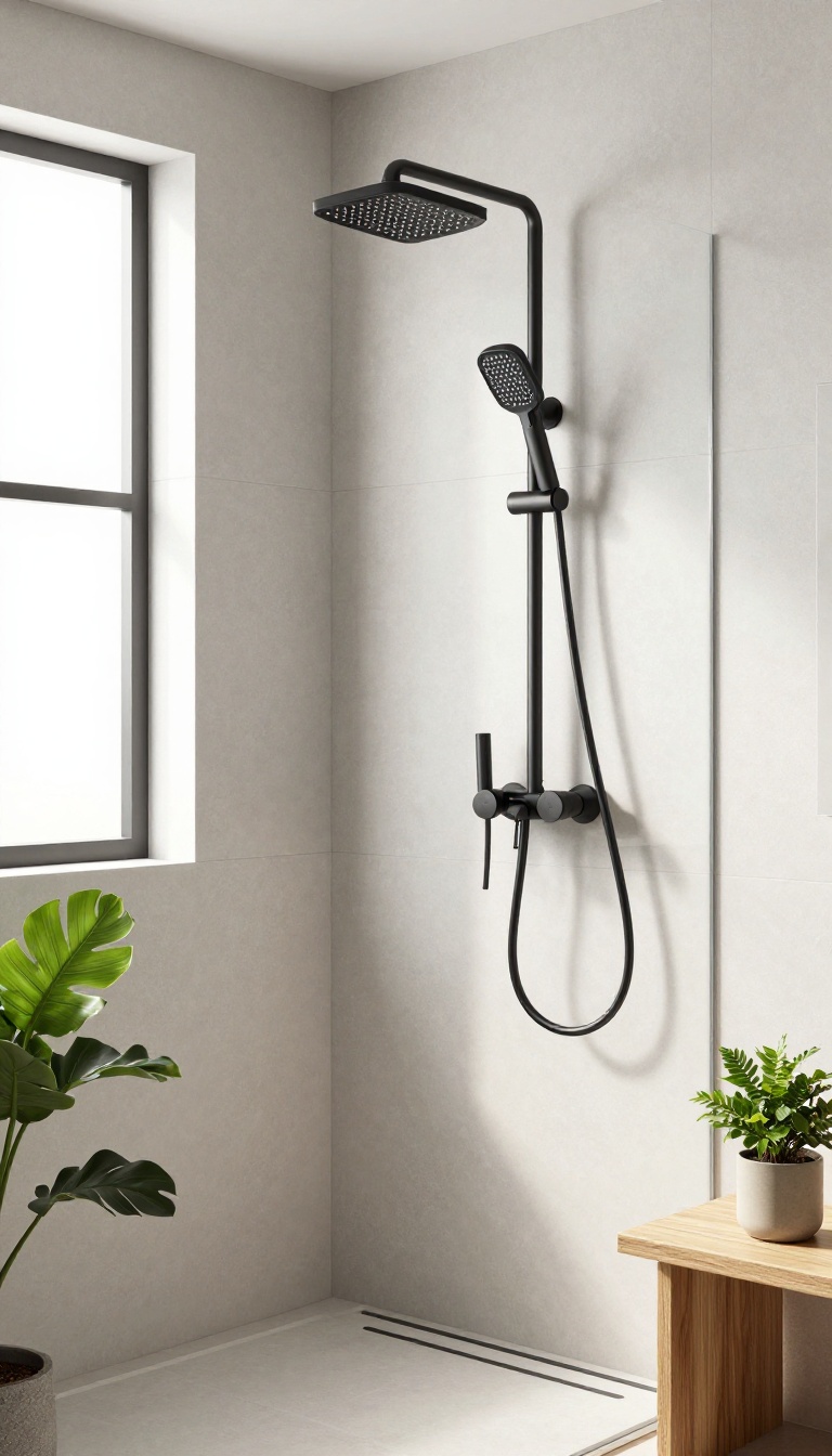 Modern walk-in shower with matte black minimalist fixtures, light gray tile, wooden bench, and natural light