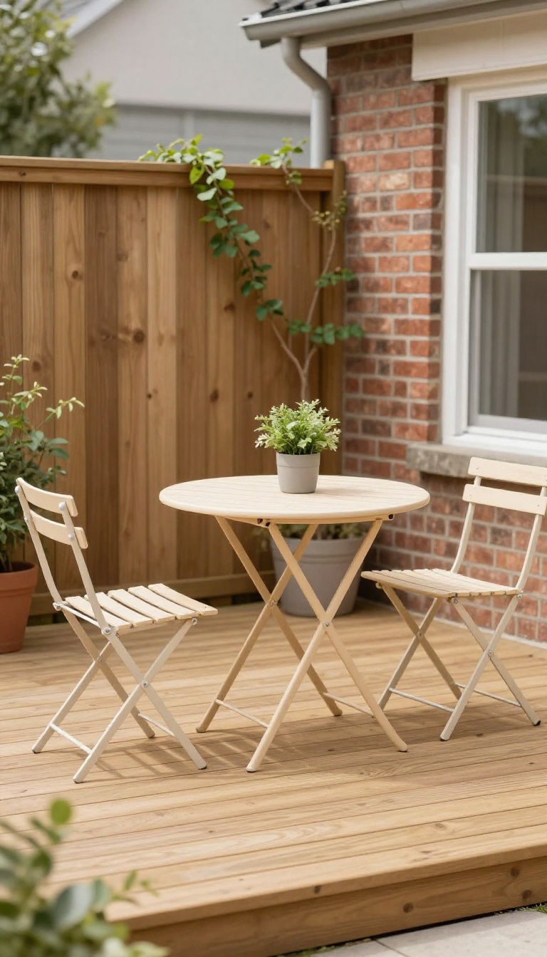 Small patio with foldable bistro table and chairs, demonstrating space-saving furniture for a townhouse outdoor space.