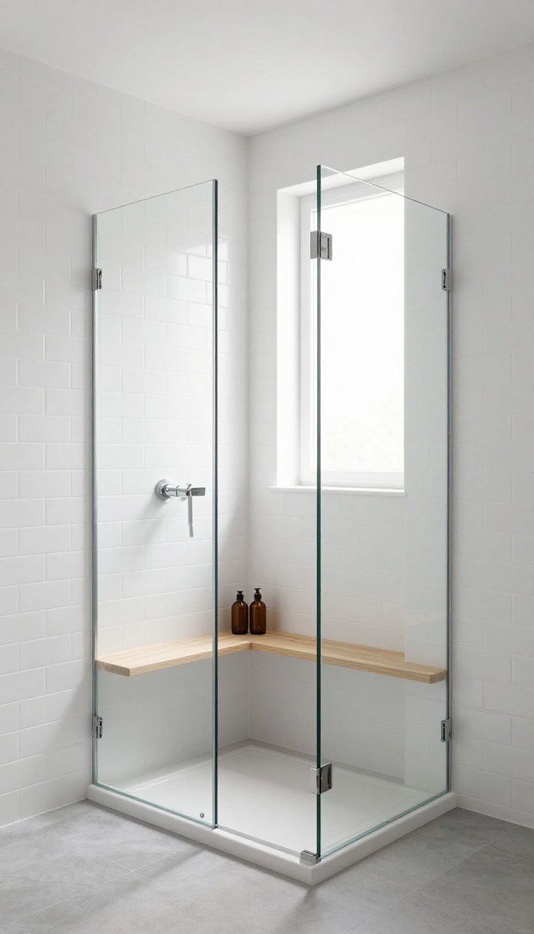 Minimalist basement shower with frameless glass door, built-in niche, and light wood bench in bright natural light