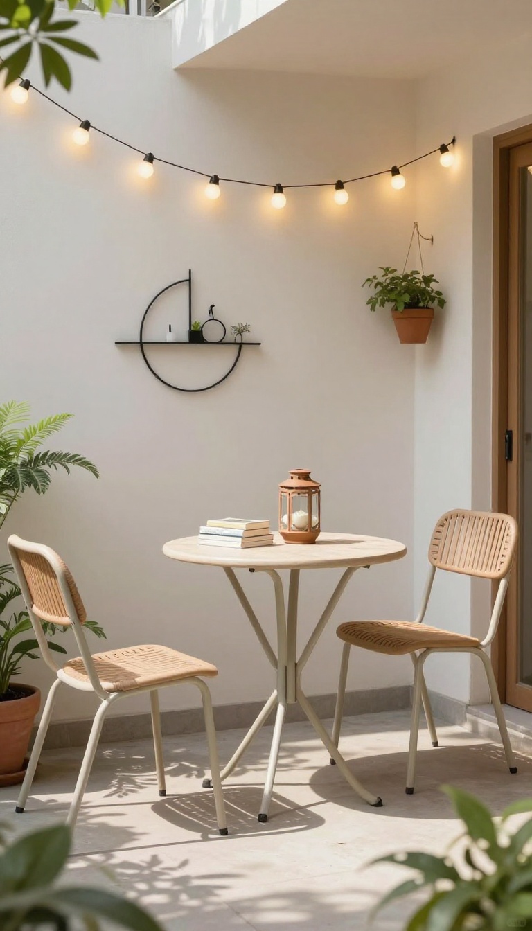 Cozy apartment patio with personal decor, art, and lighting