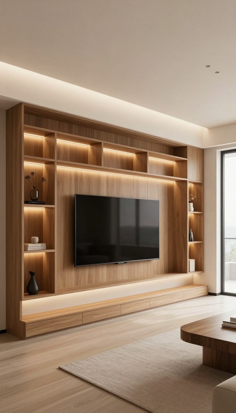 Wall-to-wall entertainment center with built-in shelving and accent LED lighting in a modern living room
