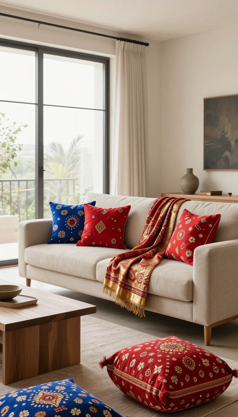 Modern sofa with traditional Indian block-print cushions and a silk throw, creating a cozy and stylish living room.