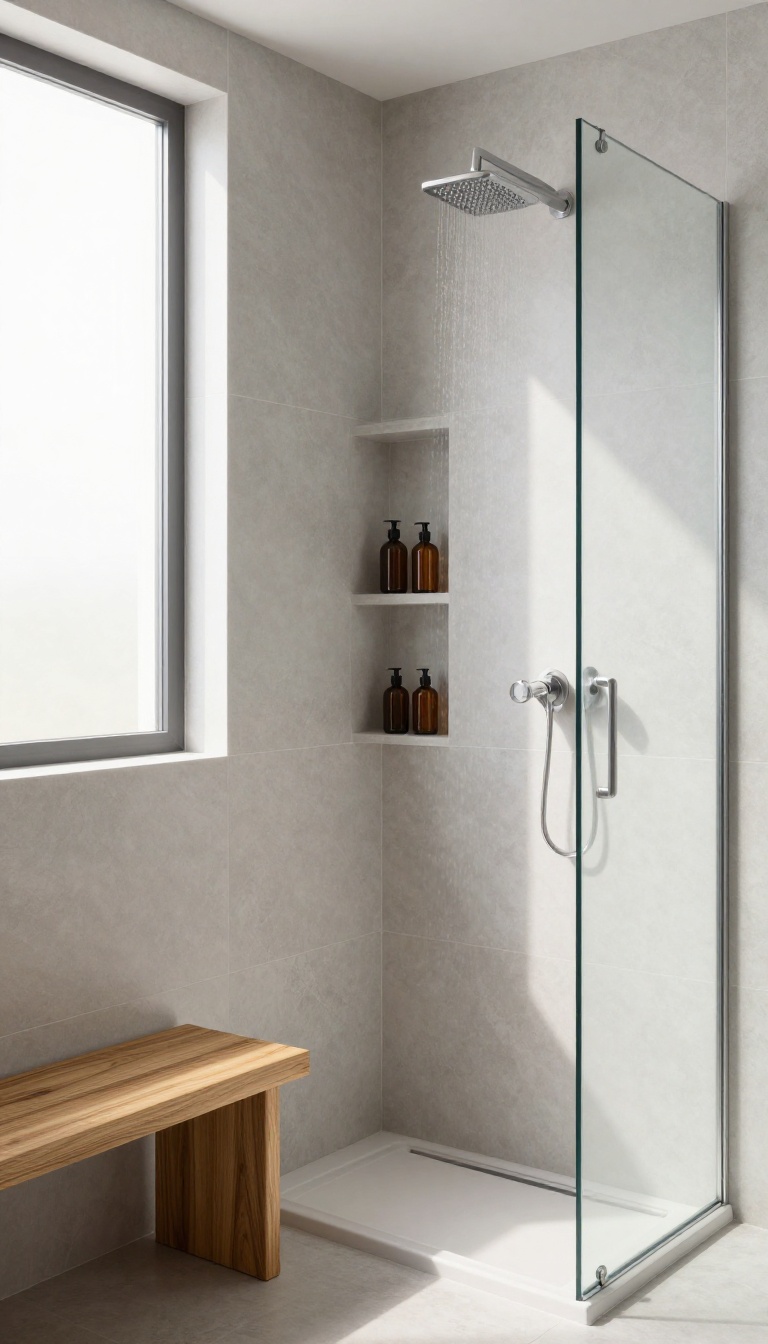 Modern walk-in shower with a recessed niche for storage, featuring amber glass bottles and natural light.