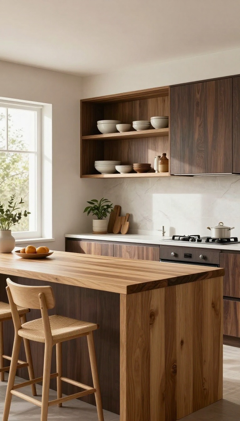 Modern kitchen with dark wood cabinets, light oak butcher block island, open shelving, and light wood bar stools, bright and airy.