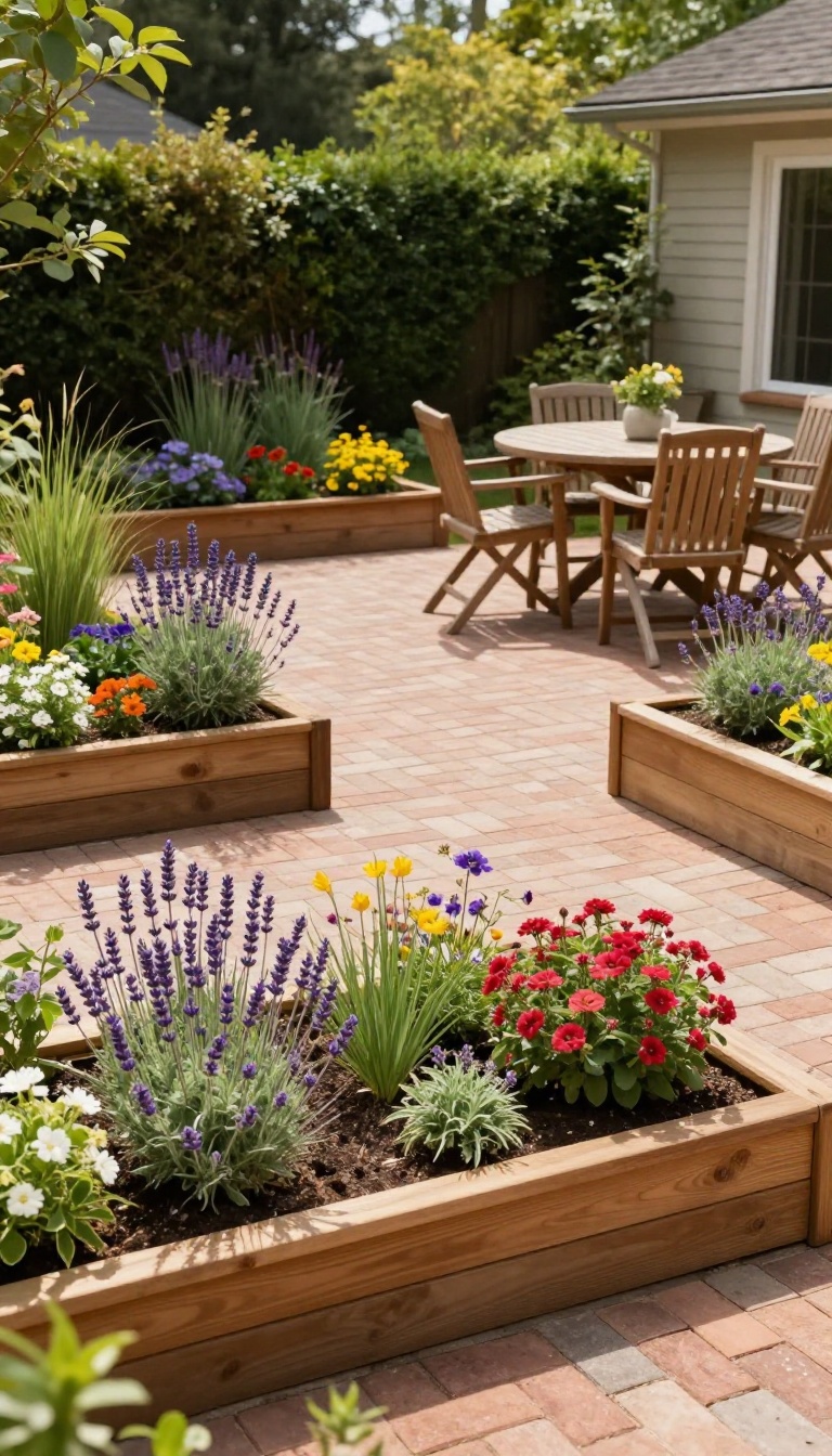 Brick patio with raised garden beds filled with colorful flowers and plants