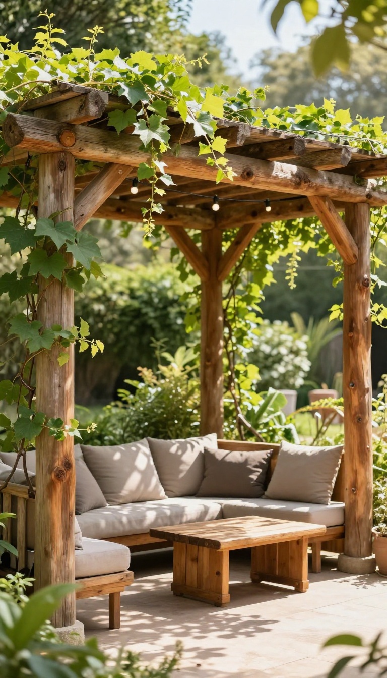 A rustic pergola made of reclaimed wood with climbing vines and string lights over a cozy patio seating area.